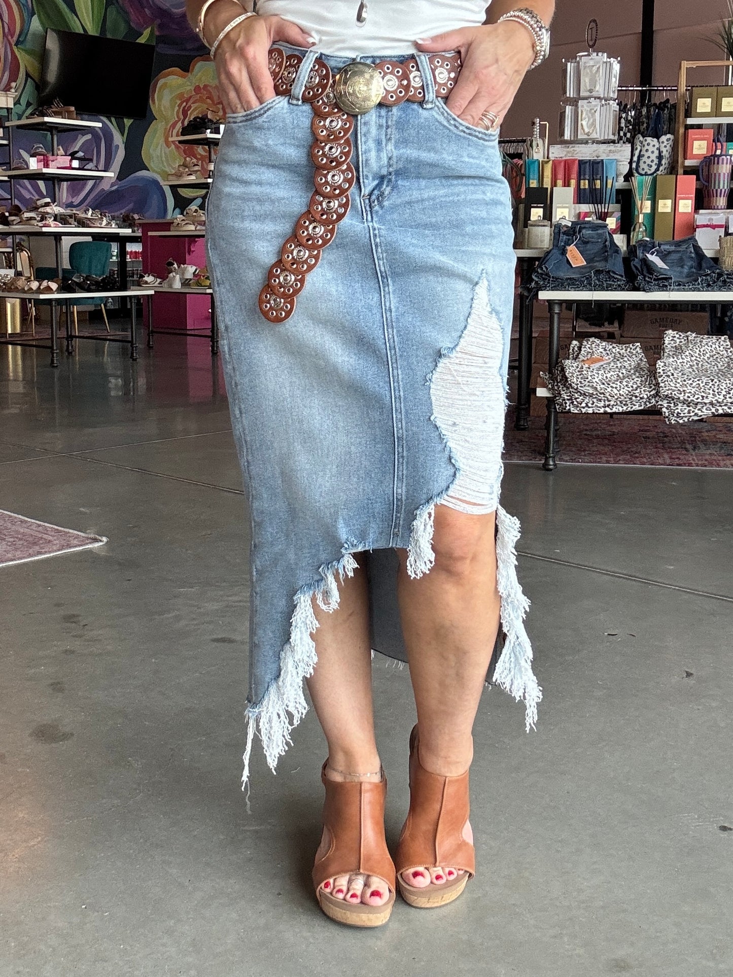 MICA Denim High Waisted Midi Skirt With Distressing