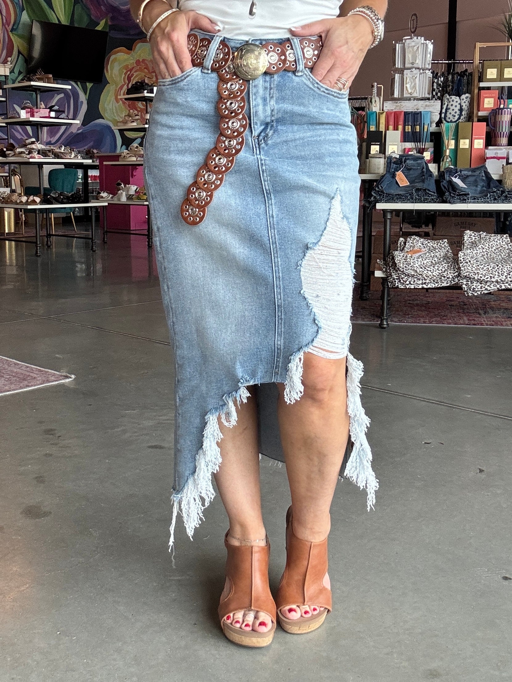 MICA Denim High Waisted Midi Skirt With Distressing