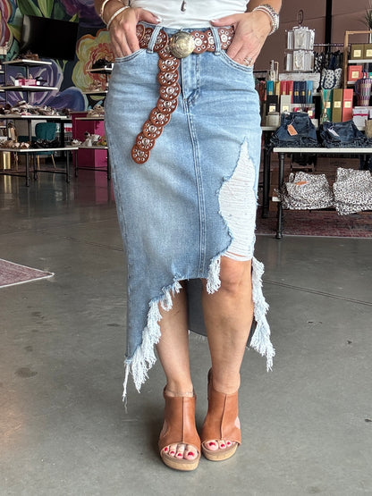 MICA Denim High Waisted Midi Skirt With Distressing