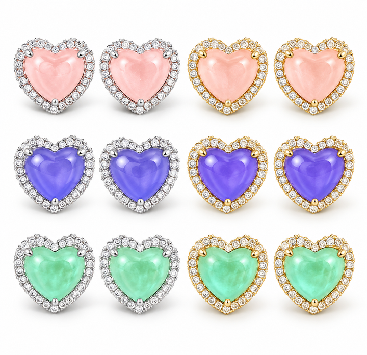 CZ Crystal Heart Stone Post Earrings in Silver