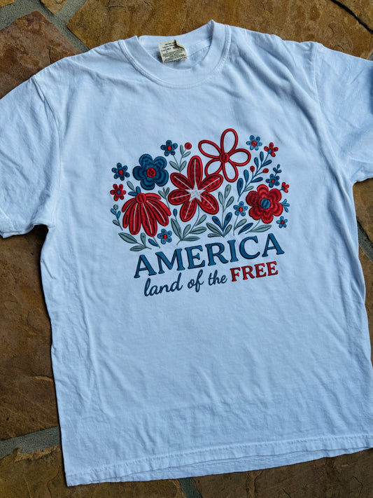Embroidery Look "America Land of the Free" Flowers Graphic Tee