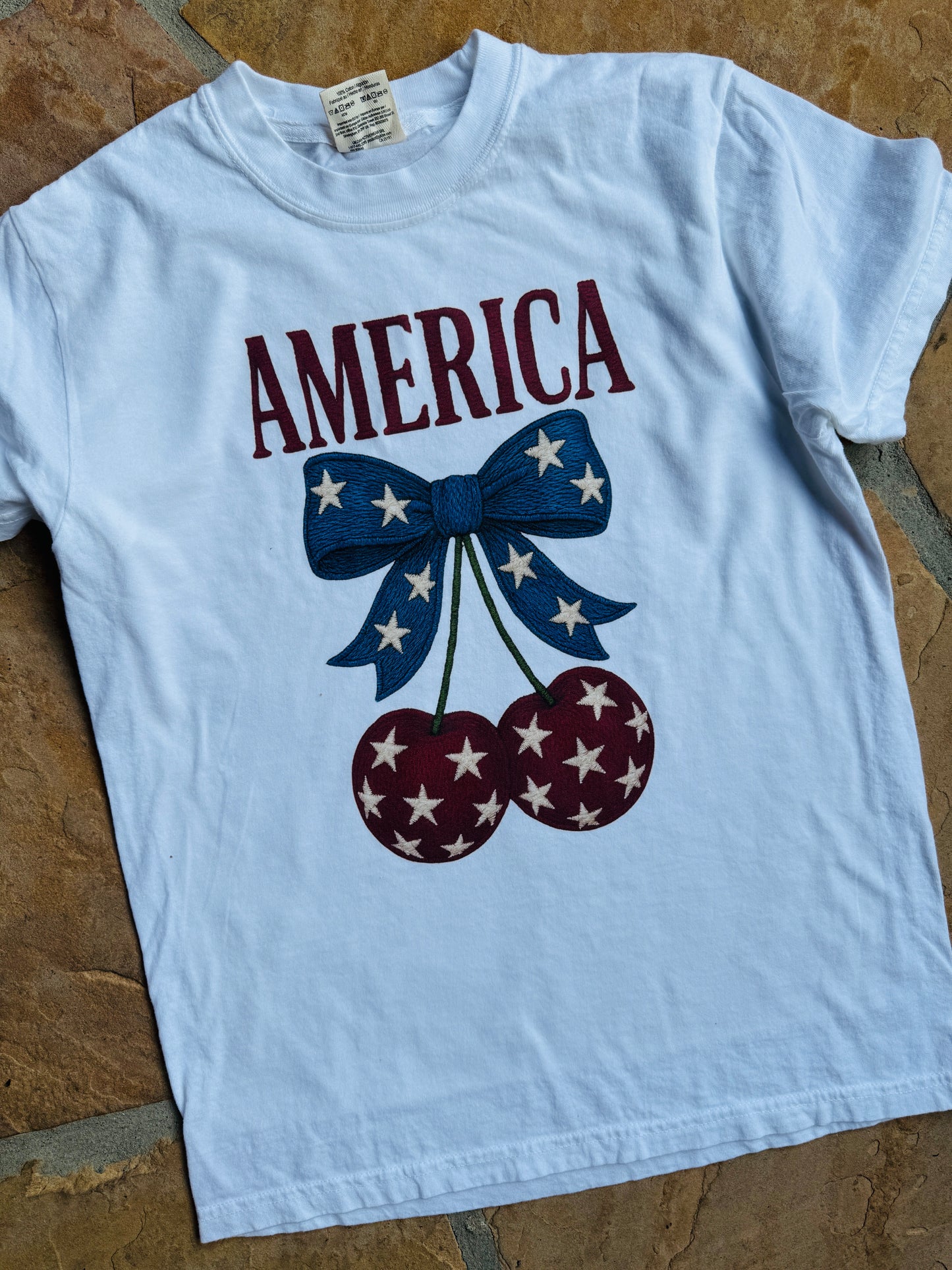 Embroidery Look "America" with Cherries Grpahic tee