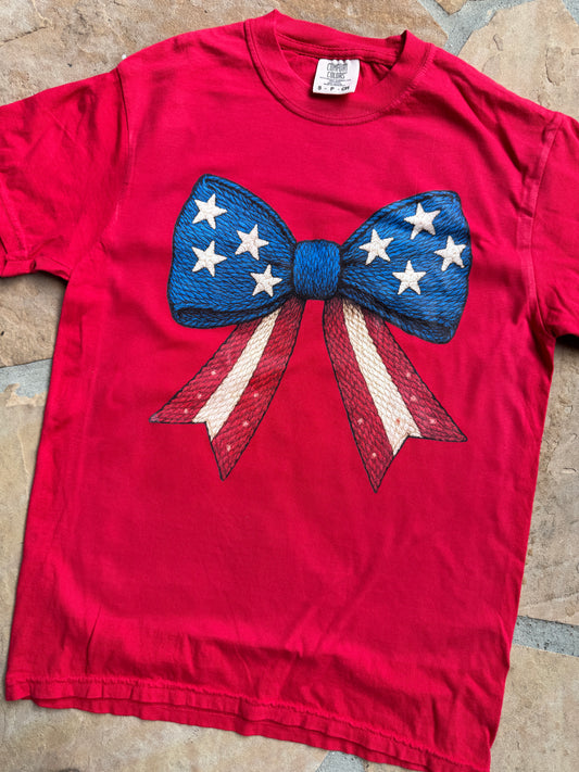 Embroidery Look Bow with Stars and Stripes Graphic Tee