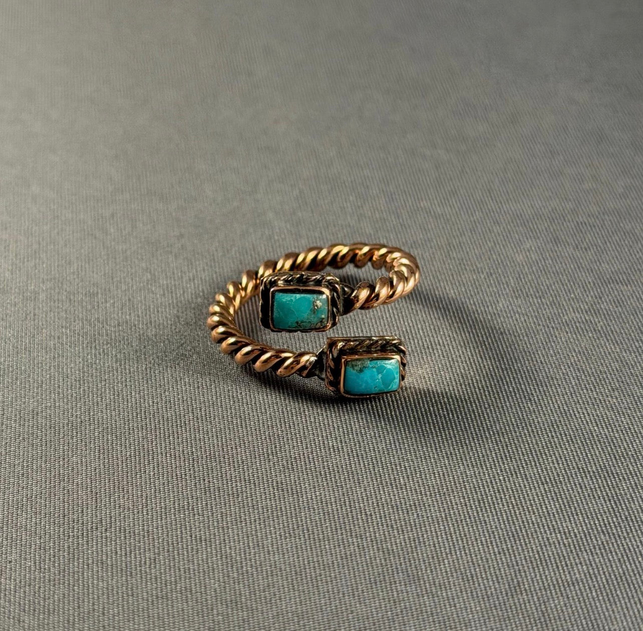 Copper Turquoise Double Rect Cable Adjustable Ring