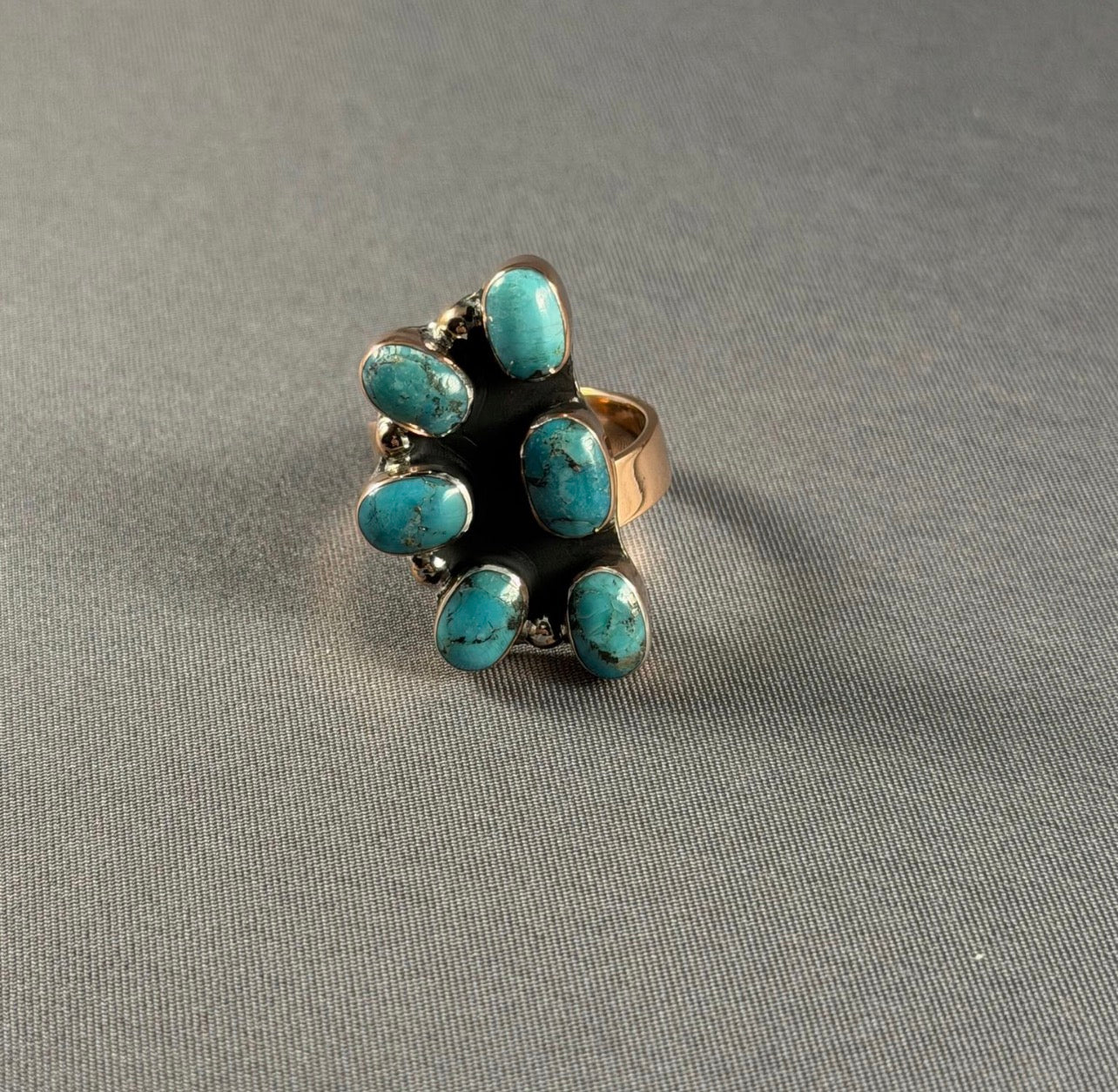 Copper Turquoise Half Chunky Cluster Adjustable Ring