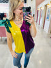 MARDI GRAS COLOR BLOCK RUFFLED METALLIC TOP