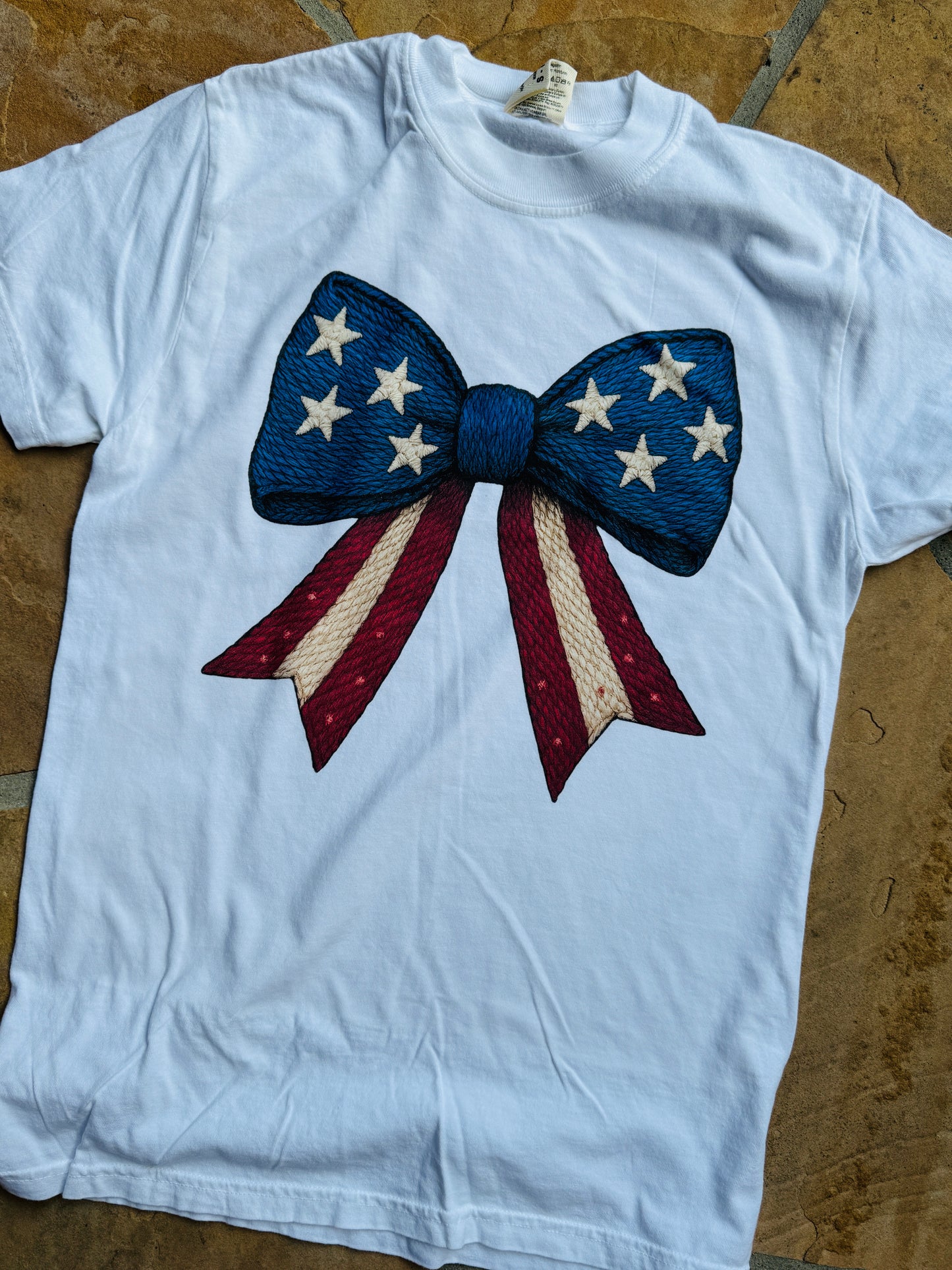 Embroidery Look Bow with Stars and Stripes Graphic Tee