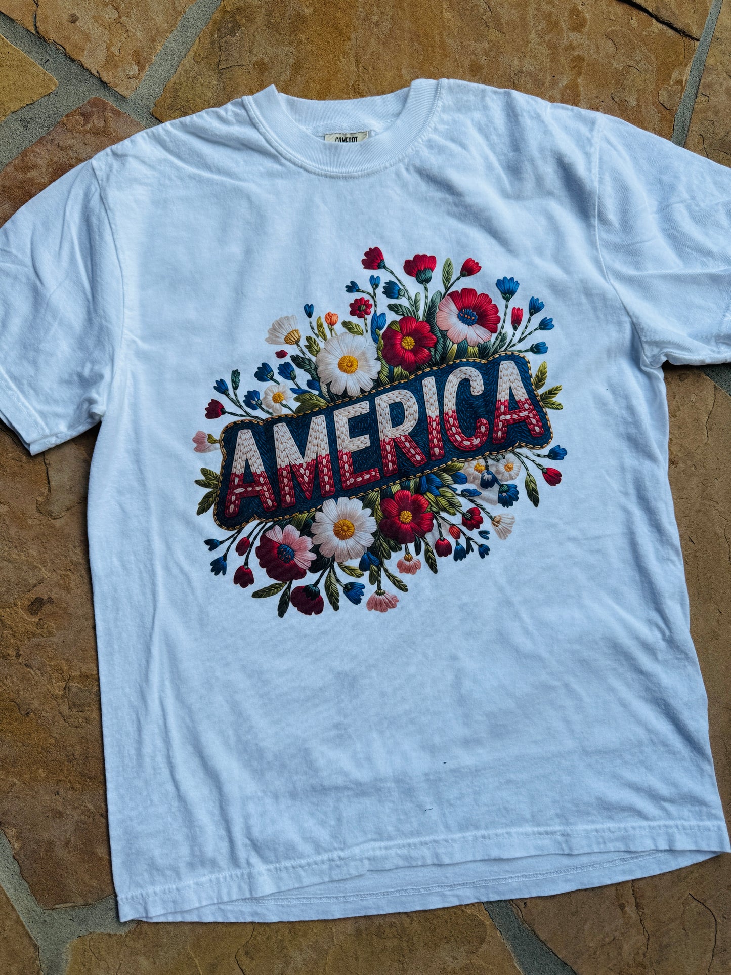 Embroidery Look "America" Flowers Graphic Tee