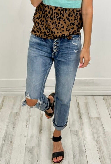 Vervet Daisy Stretch Boyfriend Denim Jeans with Button Fly