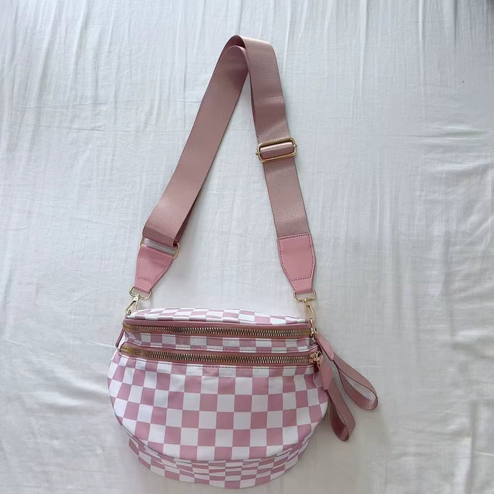 Checkered Fanny Pack Nylon Bum Bag in Light Pink