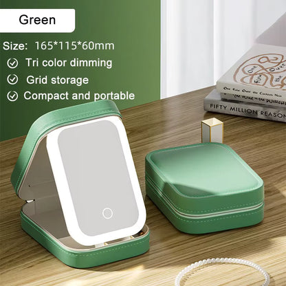 Compact Tri-Color Dimming Makeup Mirror with Storage