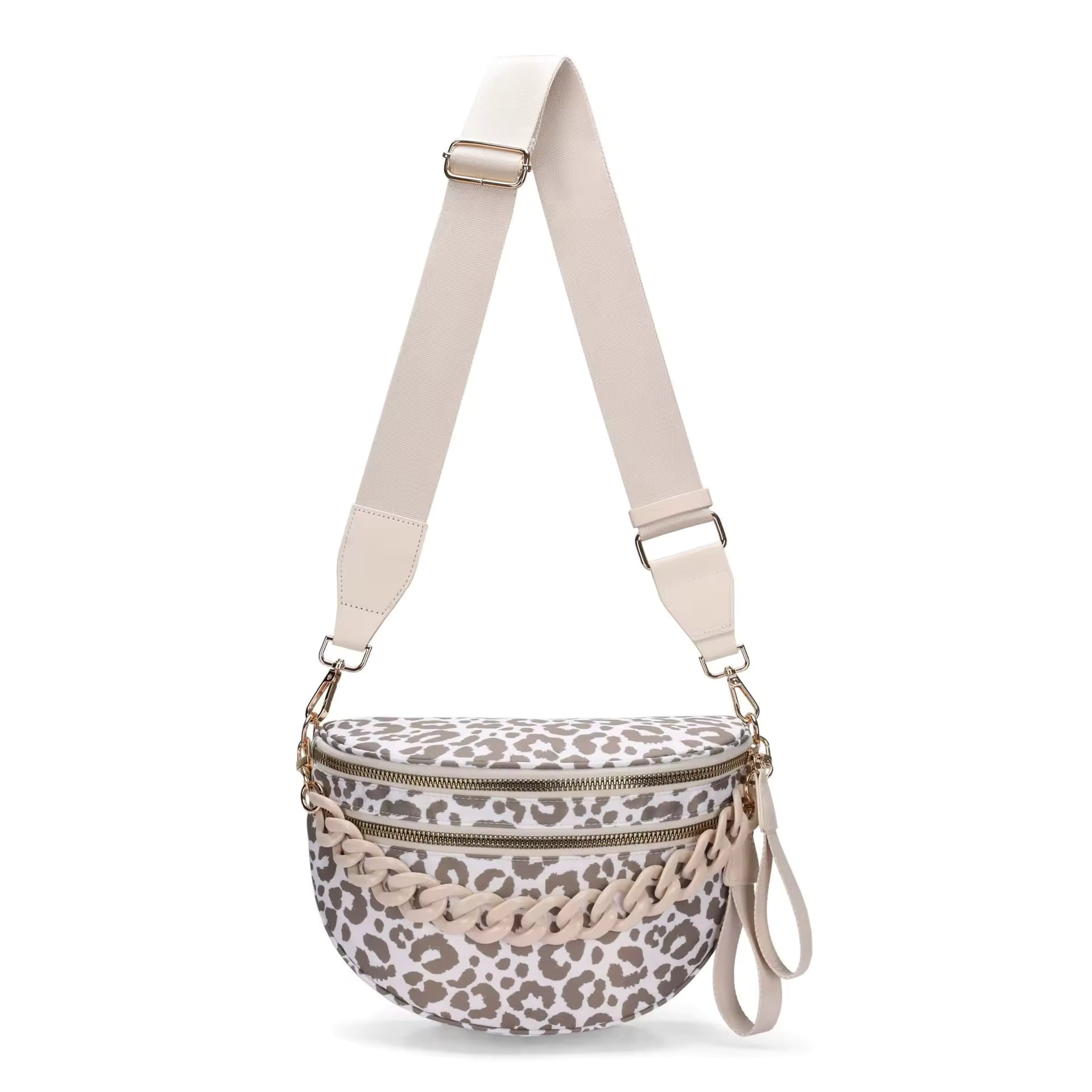 Oversized Nylon Double Zipper Leopard Crossbody in DARK KHAKI