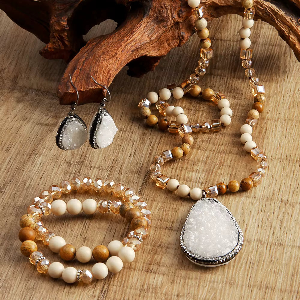Multicolor Natural Stone Crystal Glass Pendant Necklace Bracelet Earring Set in White