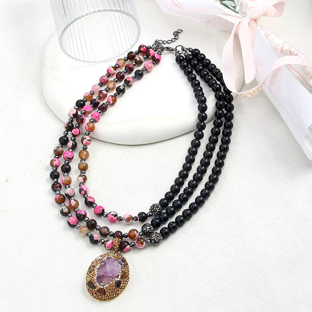 Natural Stone Bead Necklace Amethyst Oval Pendant Black and Purple