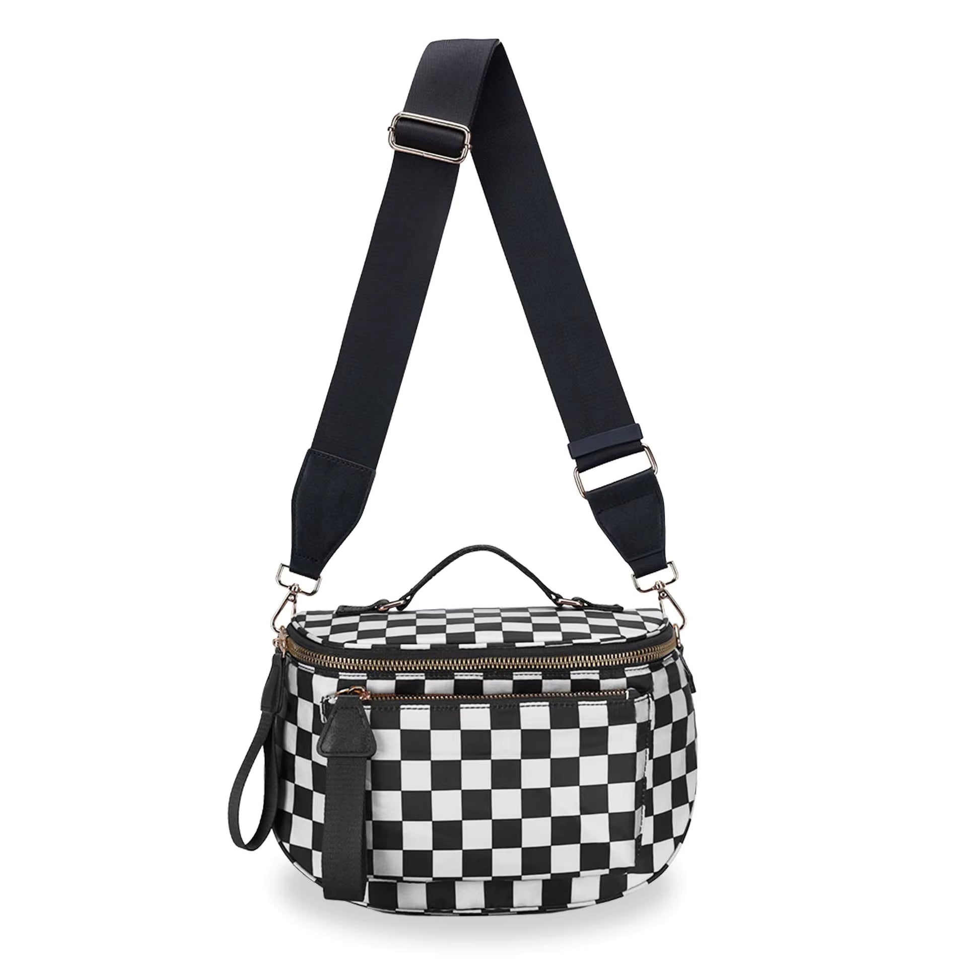Oversized Nylon Double Zipper Checkered Crossbody in Black/White