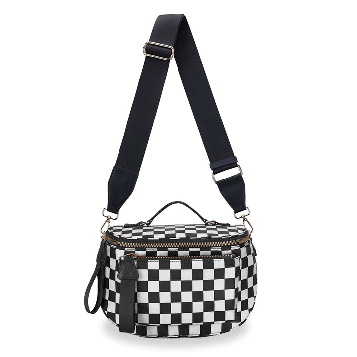 Oversized Nylon Double Zipper Checkered Crossbody in Black/White