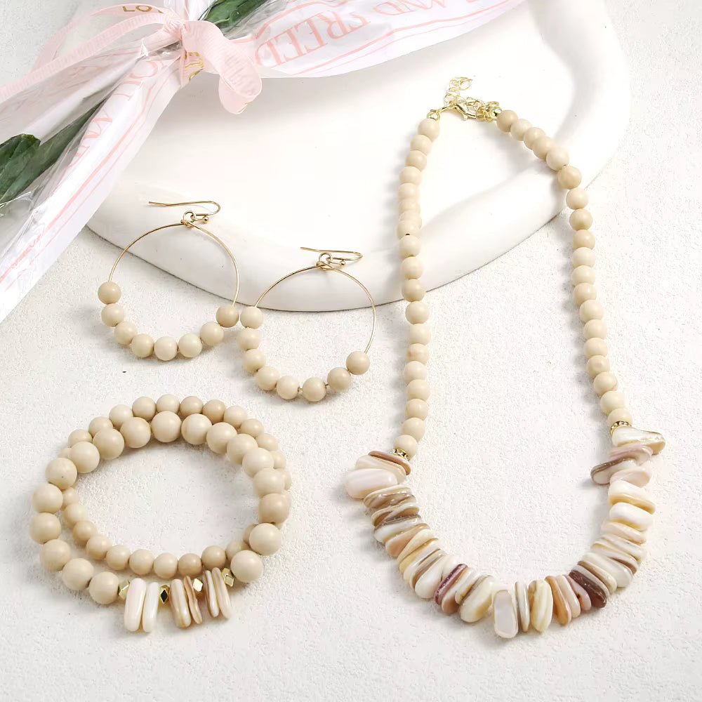 Beige Natural Stone Shell Beaded Choker Necklace Bracelet Earring Set