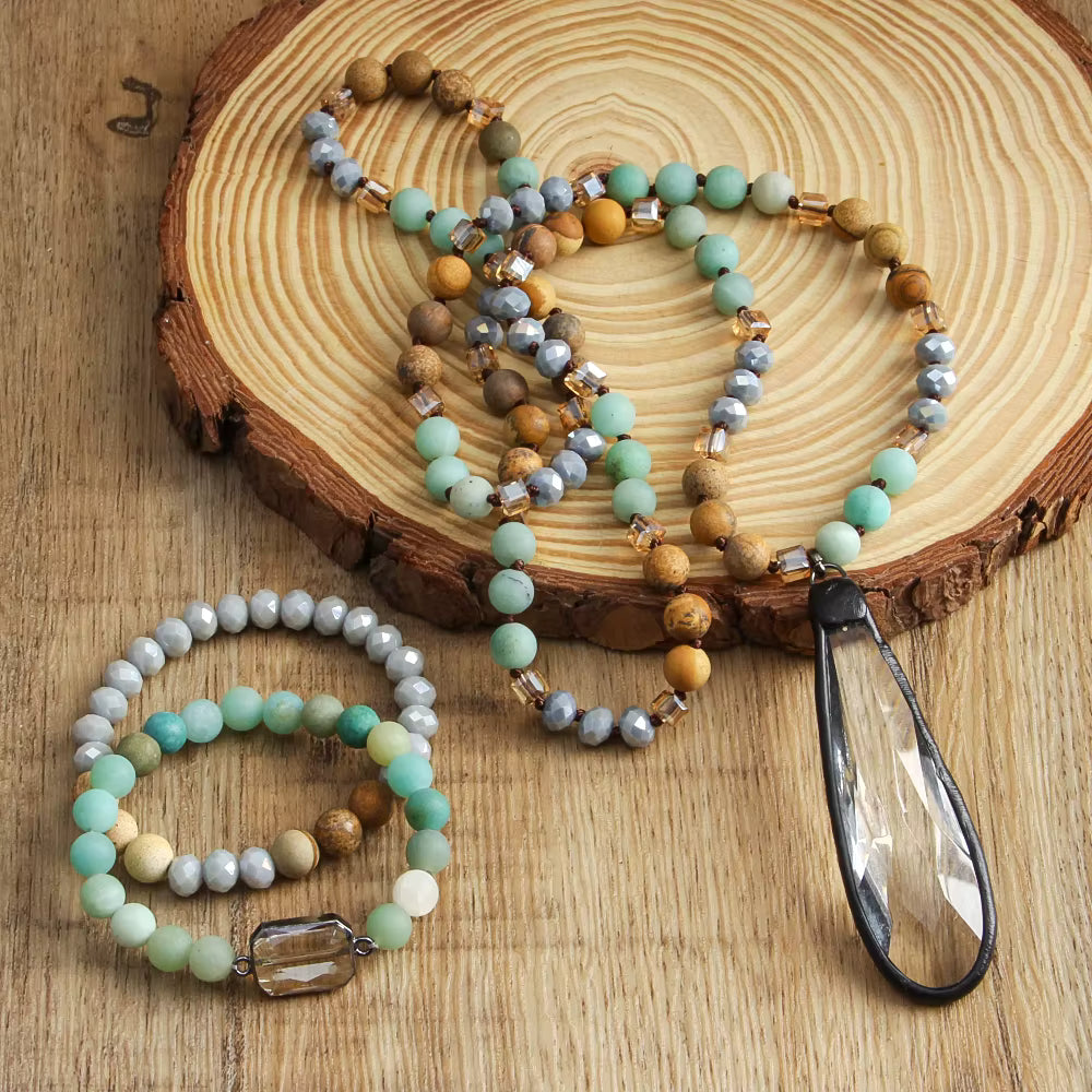 8mm Natural Knotted Necklace and Stack Bracelets