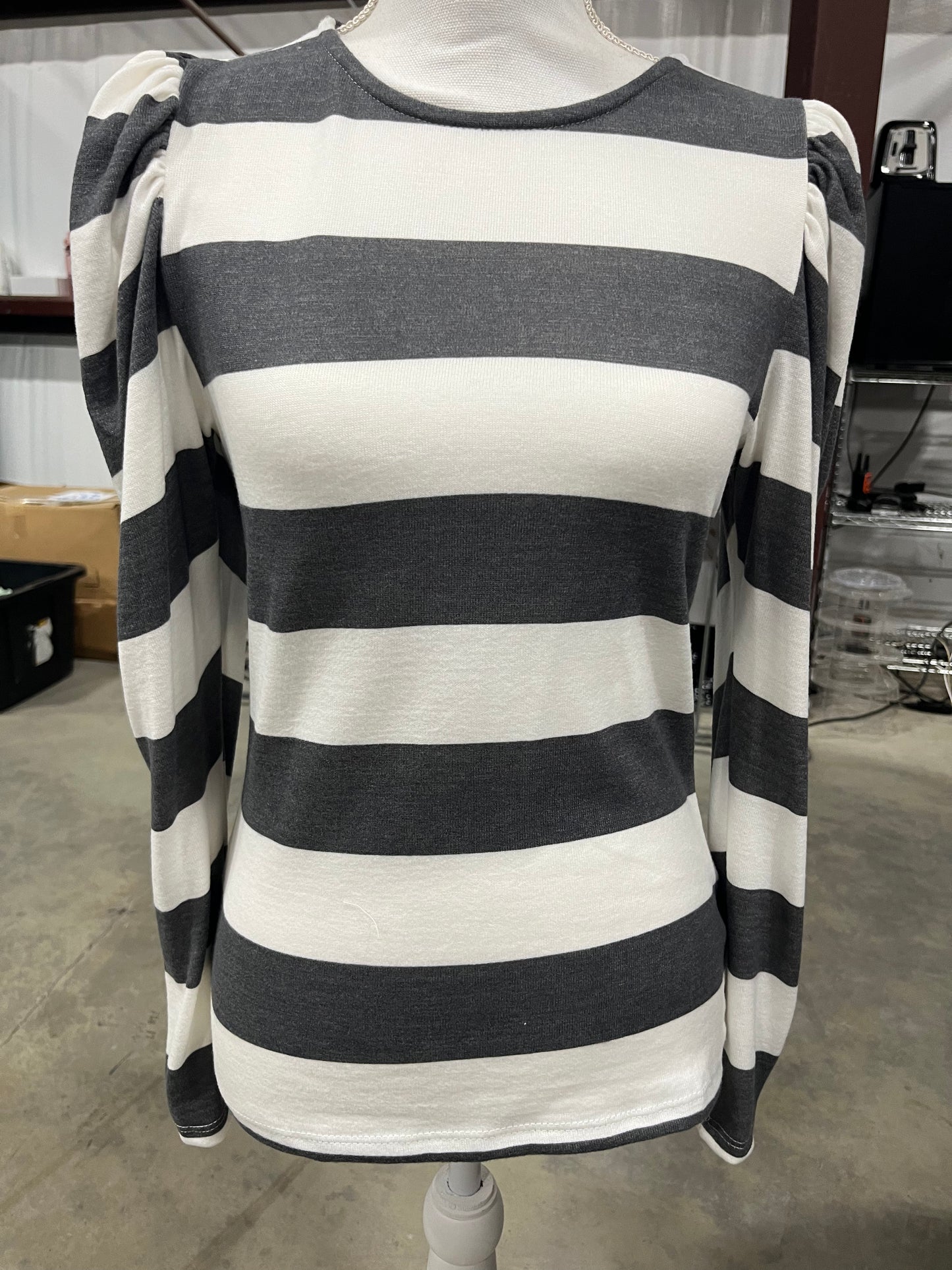 Striped Puff Shoulder Long Sleeve Top