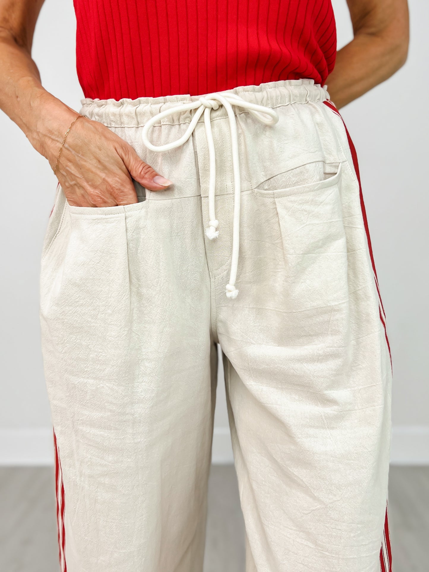 Drawstring Waist Sport Striped Wide Leg Pants