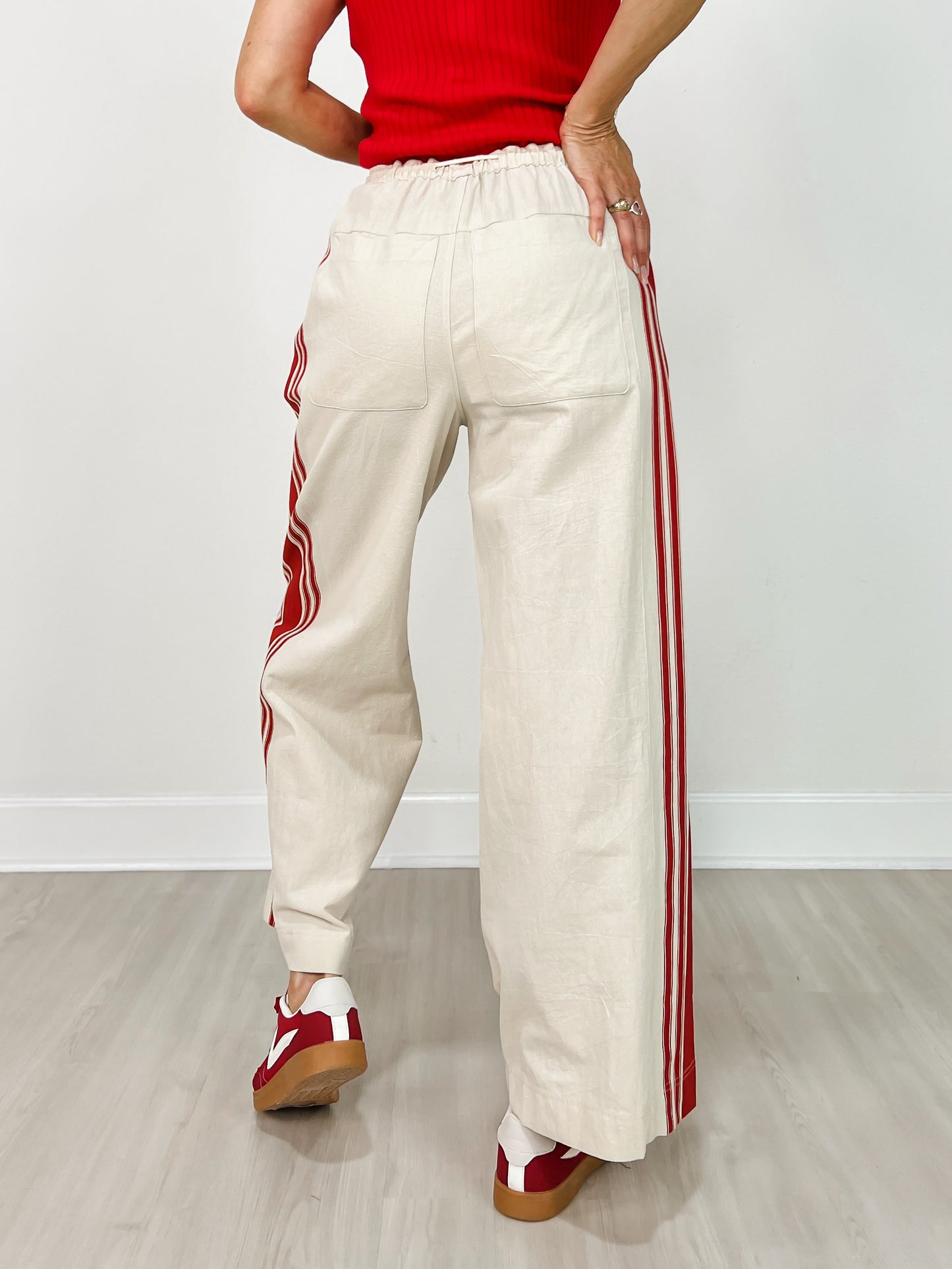 Drawstring Waist Sport Striped Wide Leg Pants