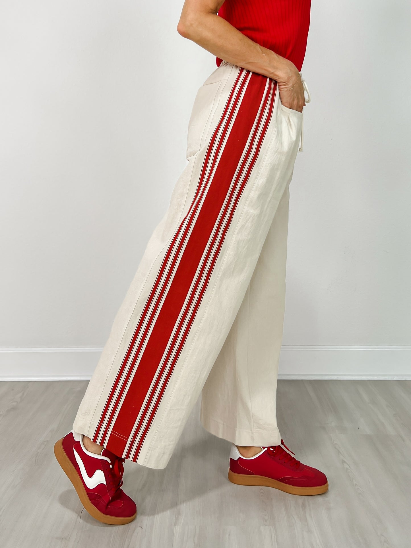 Drawstring Waist Sport Striped Wide Leg Pants