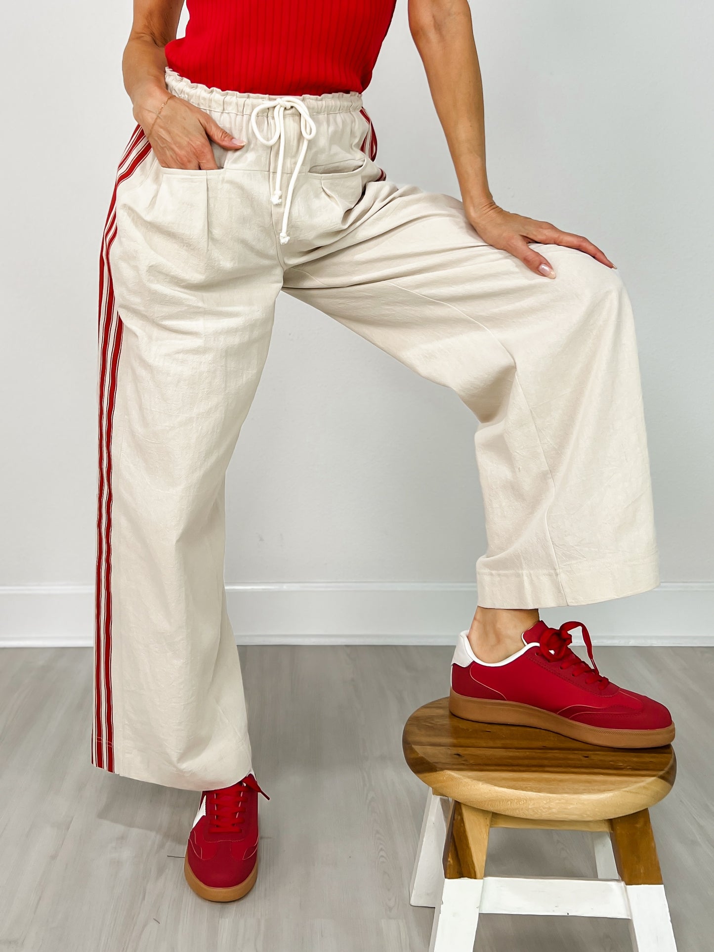 Drawstring Waist Sport Striped Wide Leg Pants