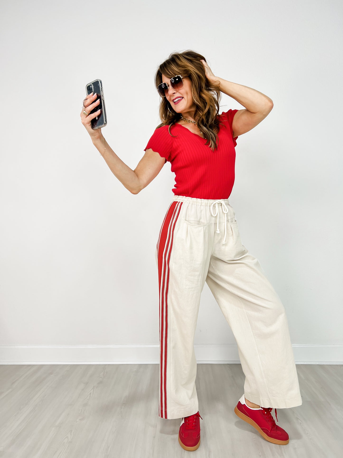 Drawstring Waist Sport Striped Wide Leg Pants