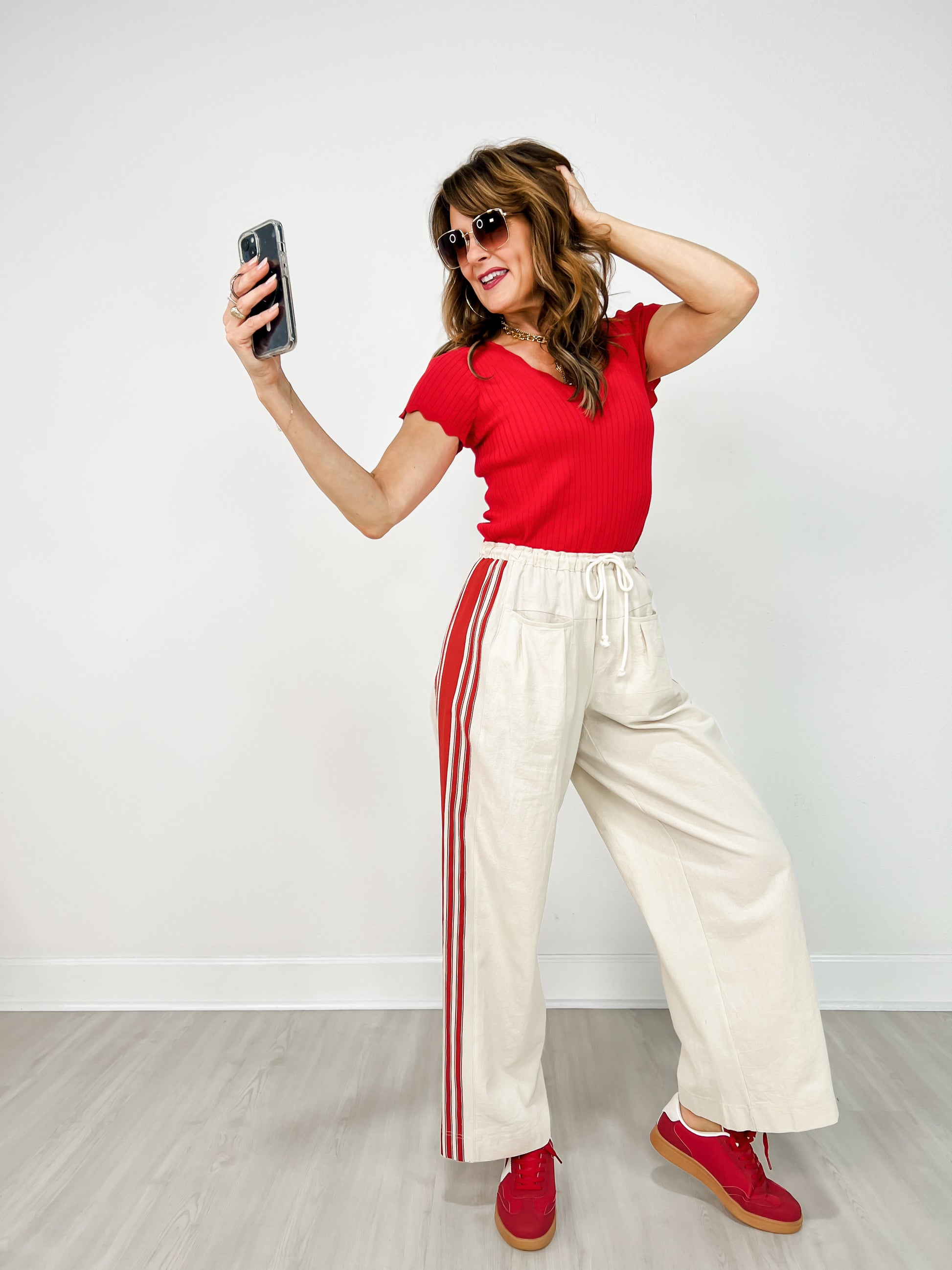 Drawstring Waist Sport Striped Wide Leg Pants
