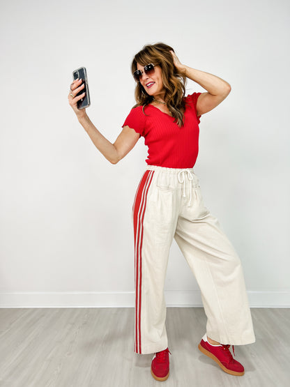 Drawstring Waist Sport Striped Wide Leg Pants
