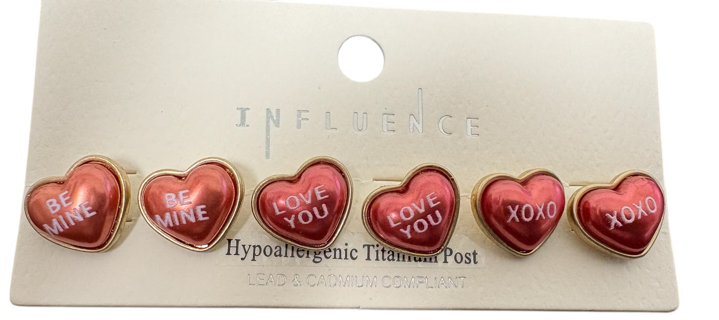 Three Pack Metallic Conversation Heart Stud Earrings