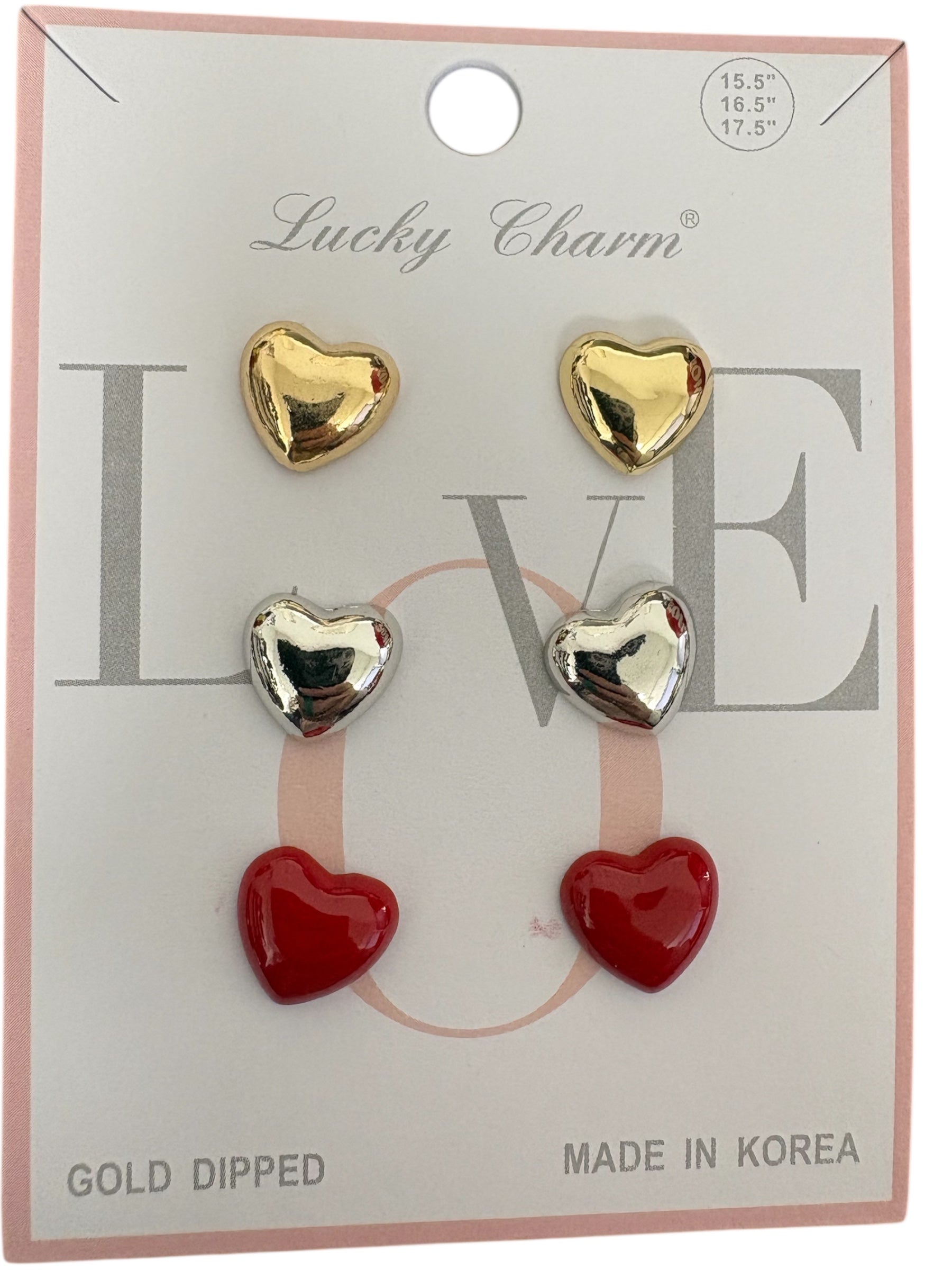 Three Pack Enamel Stud Heart Earrings; Red, Gold, Silver