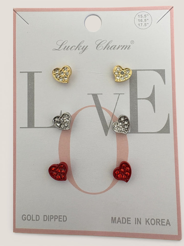 Three Pack Diamond Stud Heart Earrings; Red, Gold, Silver