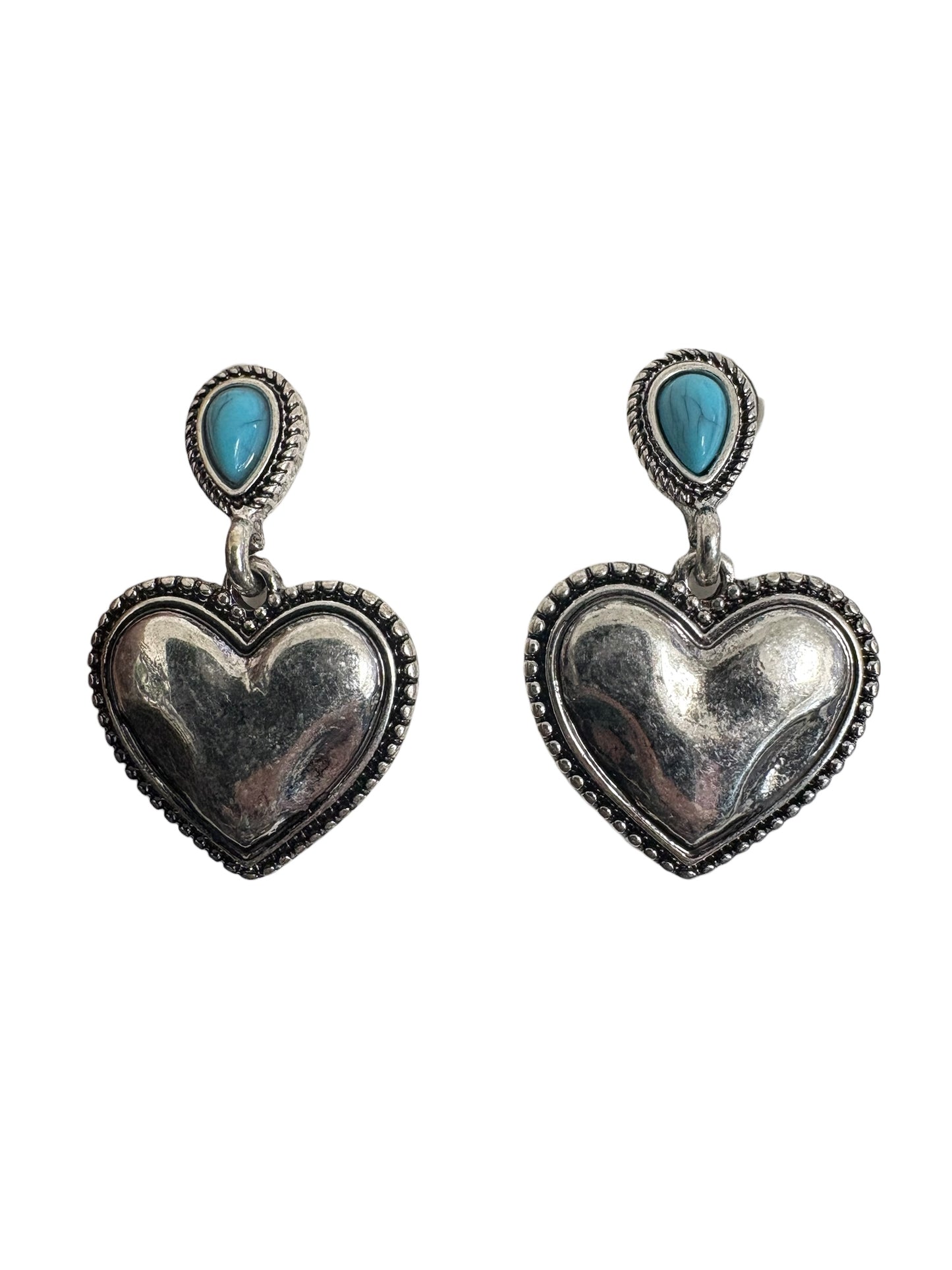 Silver Hammered Drop Hearts with Turquoise Stones