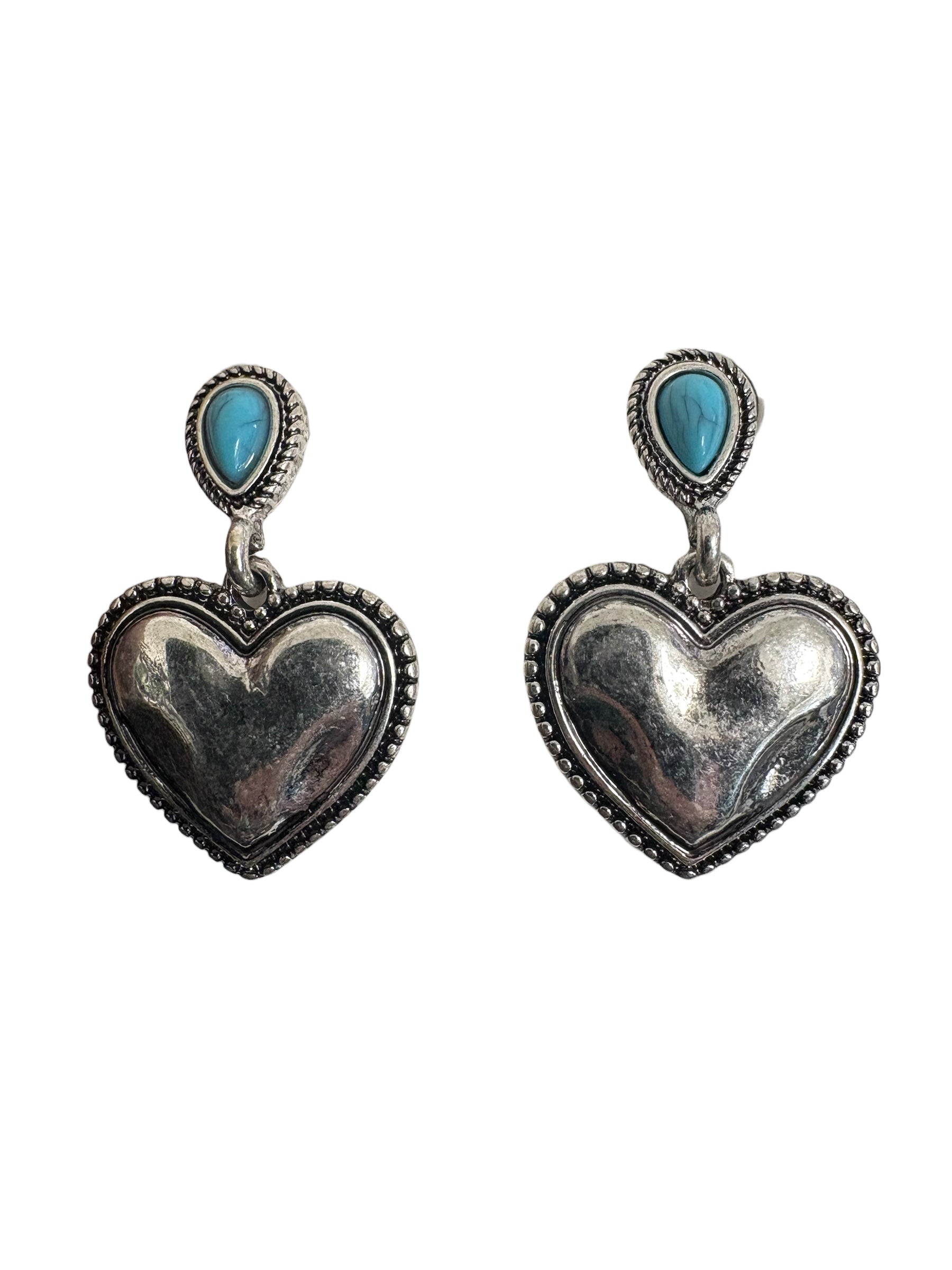 Silver Hammered Drop Hearts with Turquoise Stones