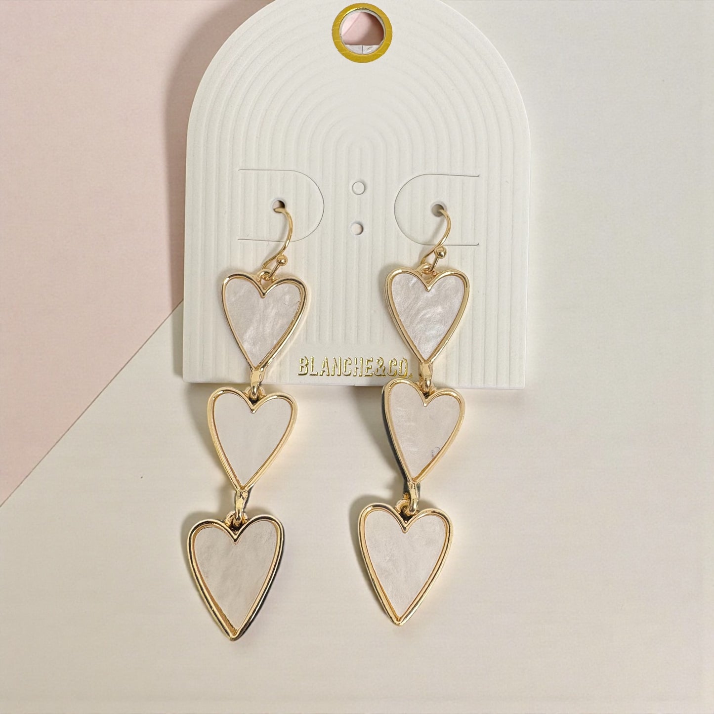 Pearl and Gold Three Heart Dangle Earrings