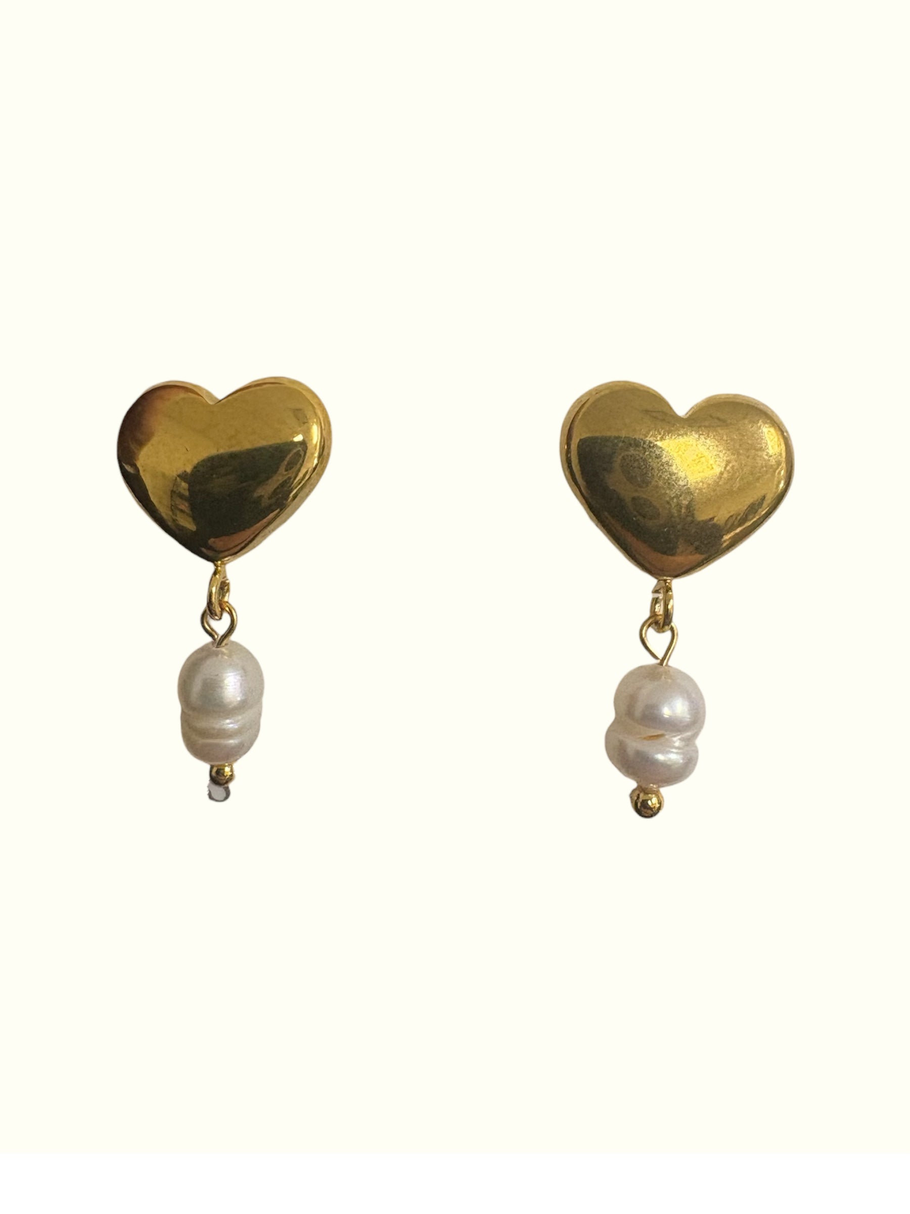 Gold Stud Heart Earrings with Pearl Drop