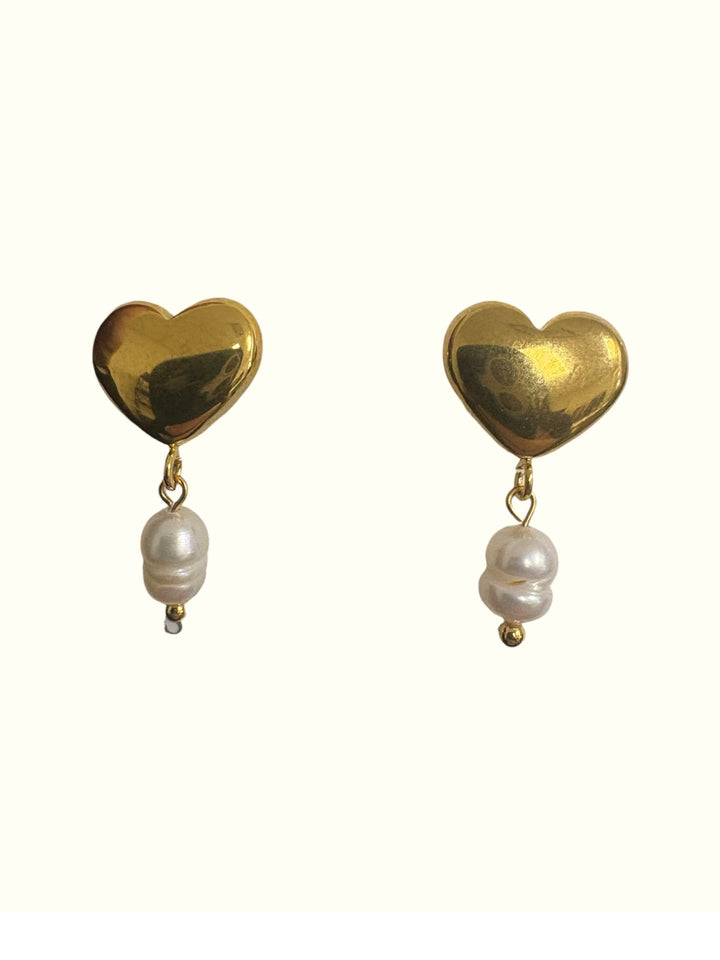 Gold Stud Heart Earrings with Pearl Drop
