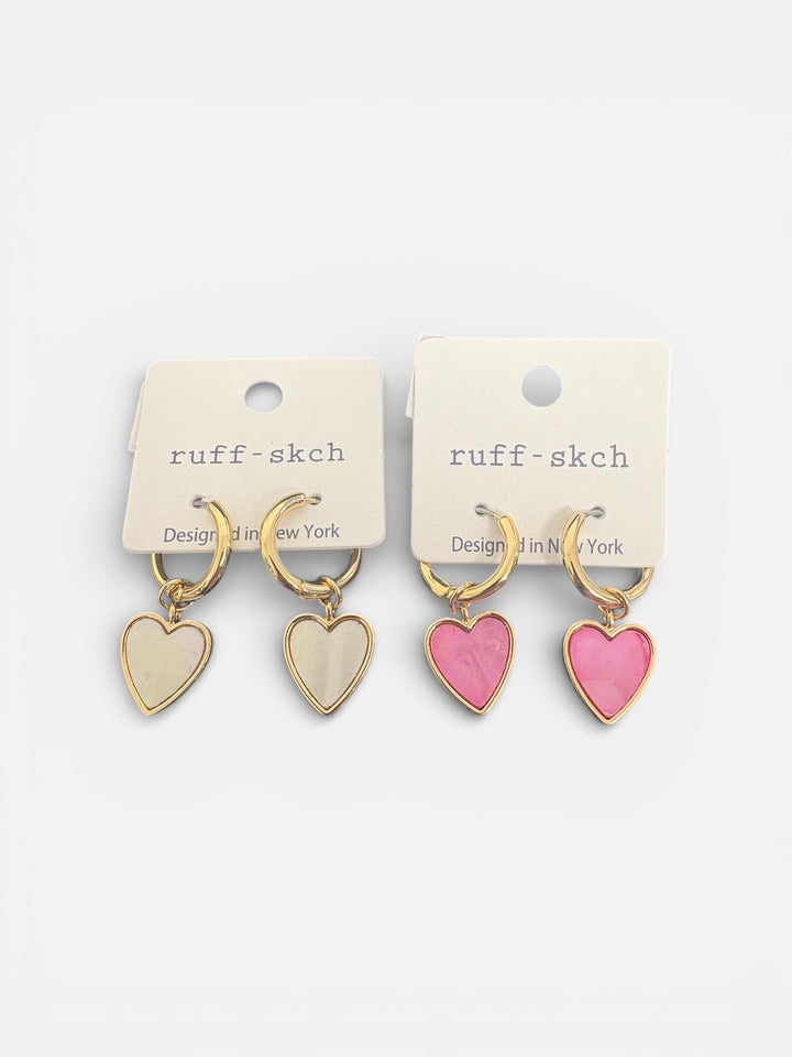 Gold Hoop Earrings with Hanging Enamel Heart Charm
