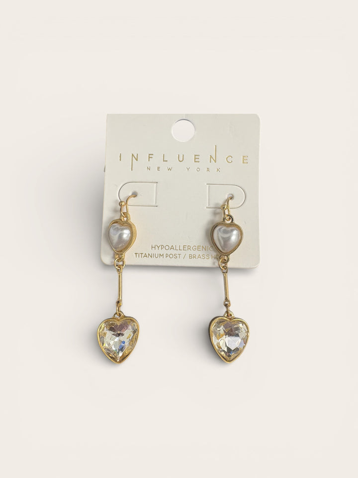 Gold Heart Drop Earrings with Pearl Crystal Accents