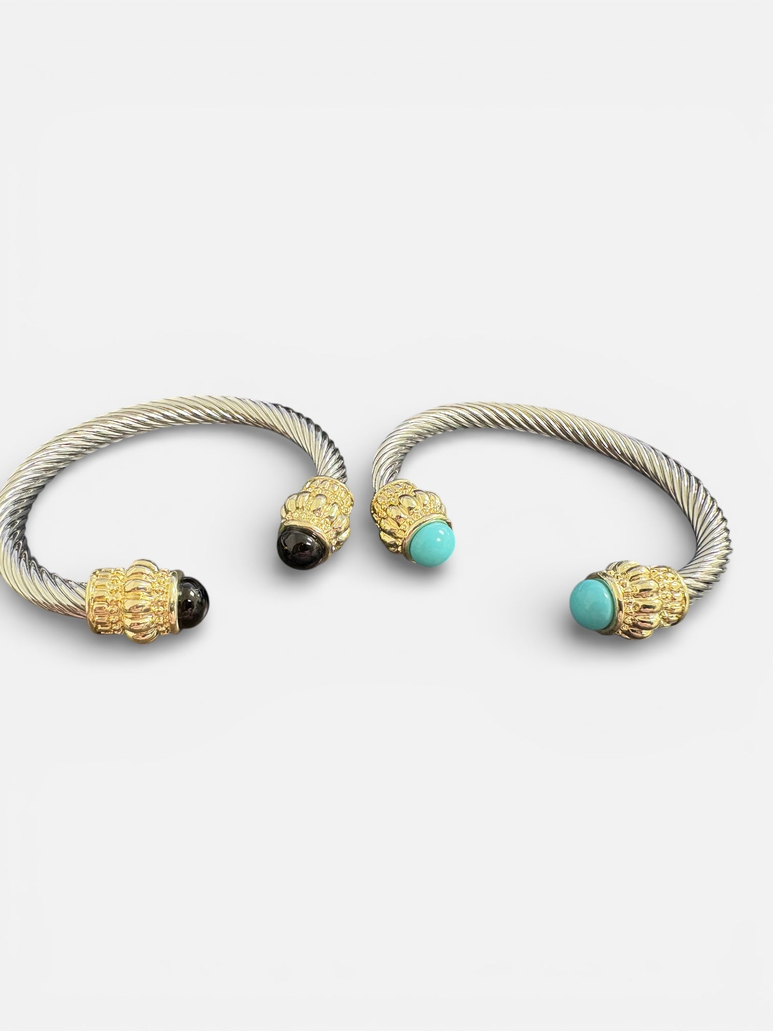 Silver Twisted Cable Cuff Bracelets with Gold and Stone Ends