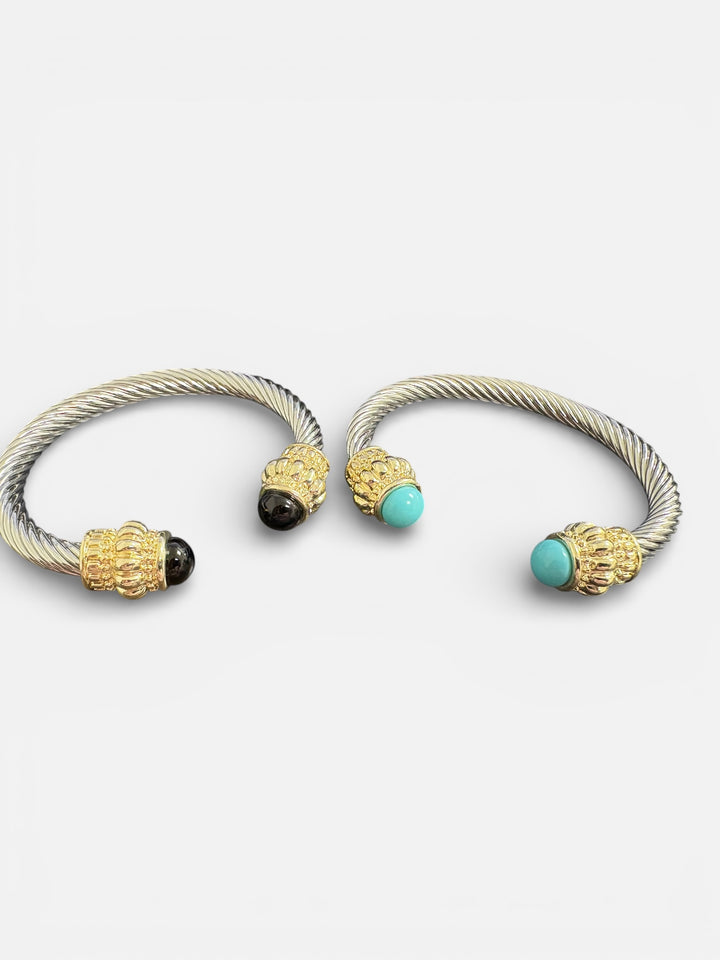 Silver Twisted Cable Cuff Bracelets with Gold and Stone Ends