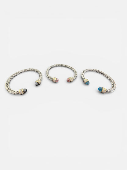 Silver Twisted Cable Cuff Bracelet with Gold and Paved Stones