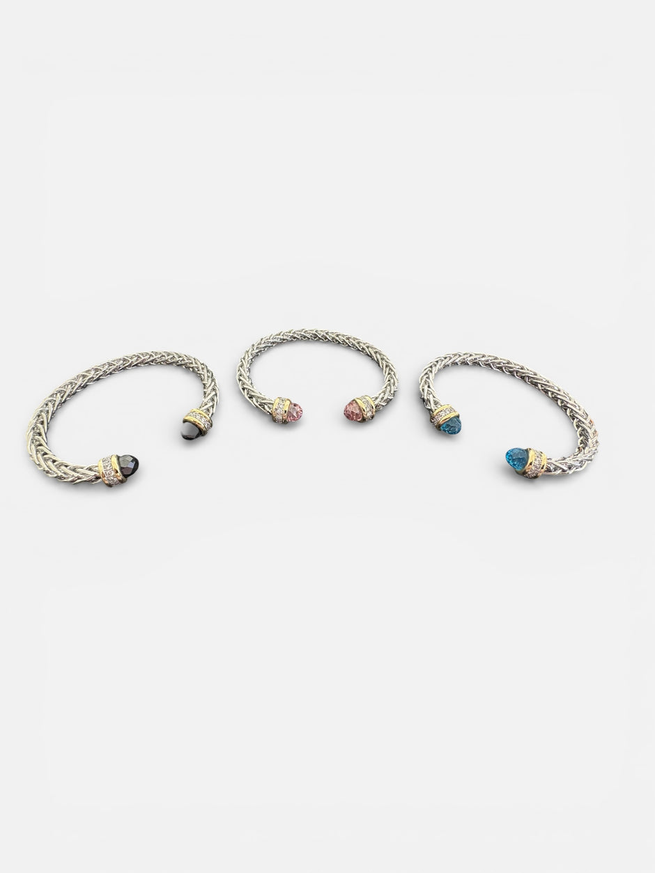 Silver Twisted Cable Cuff Bracelet with Gold and Paved Stones