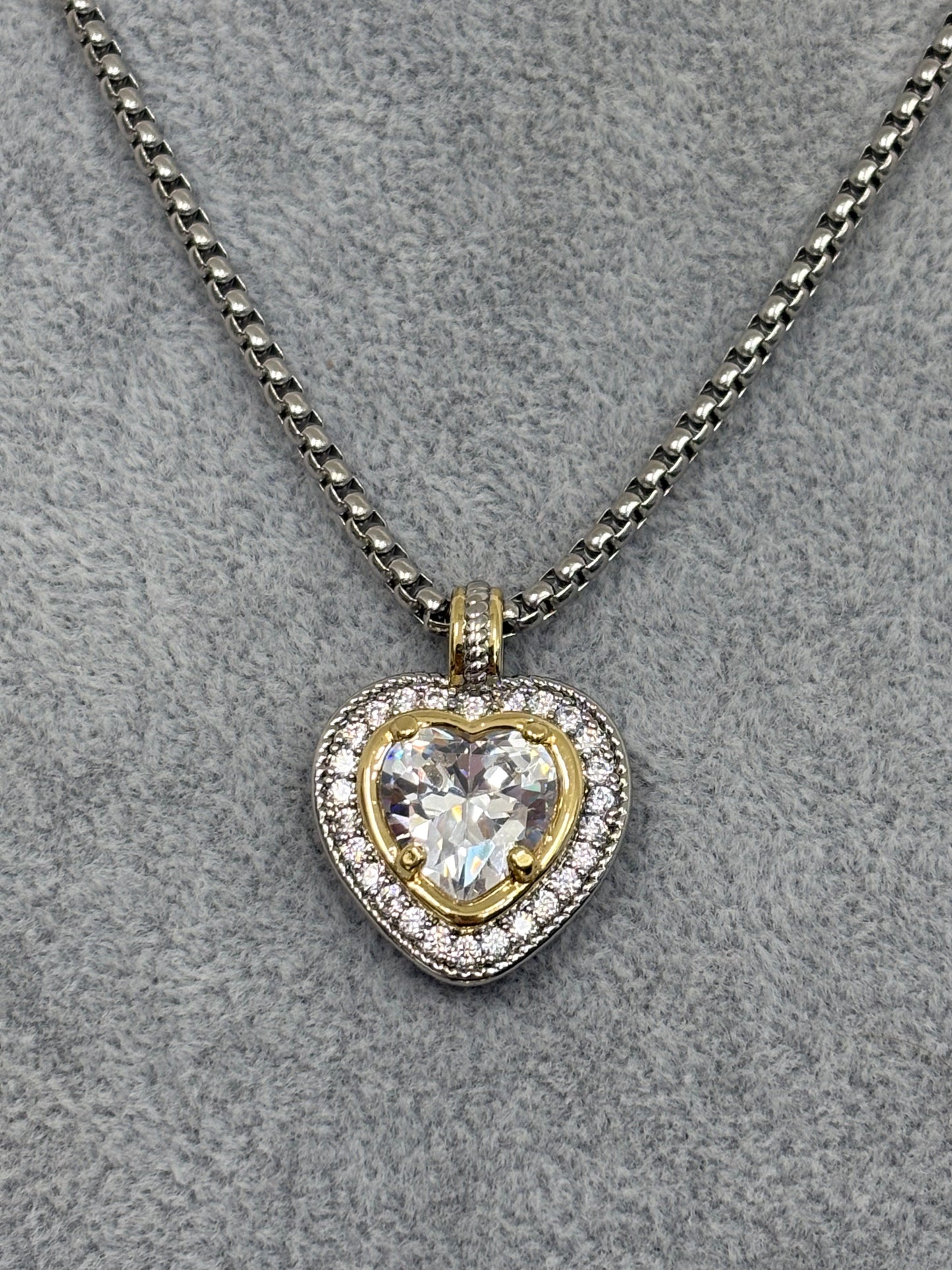 Mixed Metal Heart Pendant with Clear Stone Necklace