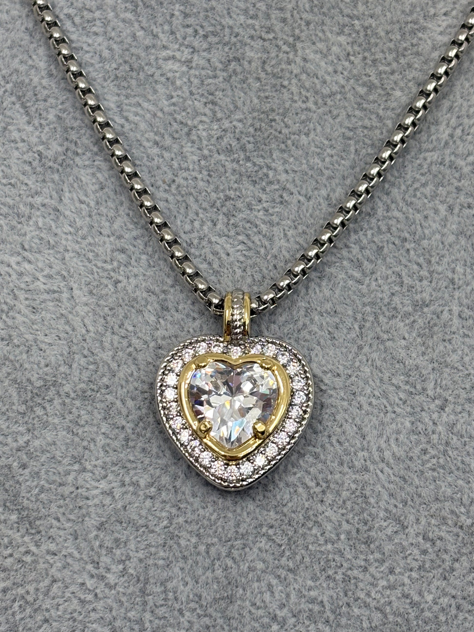 Mixed Metal Heart Pendant with Clear Stone Necklace