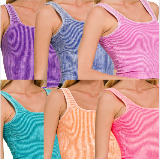 Stone Washed Ribbed Square Neck Tank Top with Bra Pads - GROUP B