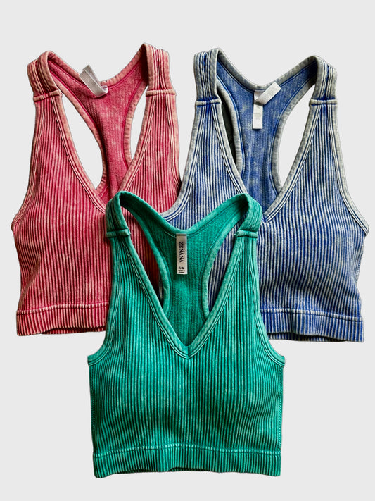 Stone Washed Ribbed Racerback Tank Top with Bra Pads - GROUP B