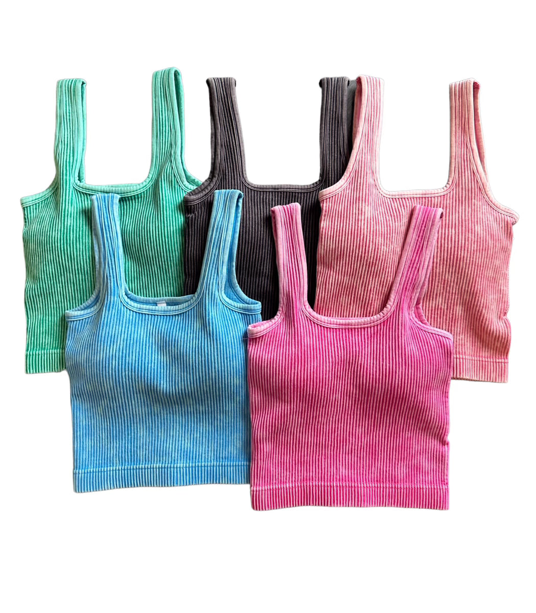 Stone Washed Ribbed Square Neck Tank Top with Bra Pads - GROUP A