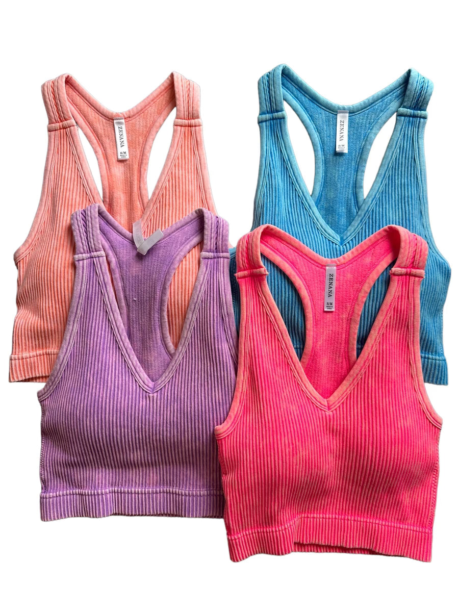 Stone Washed Ribbed Racerback Tank Top with Bra Pads - GROUP C